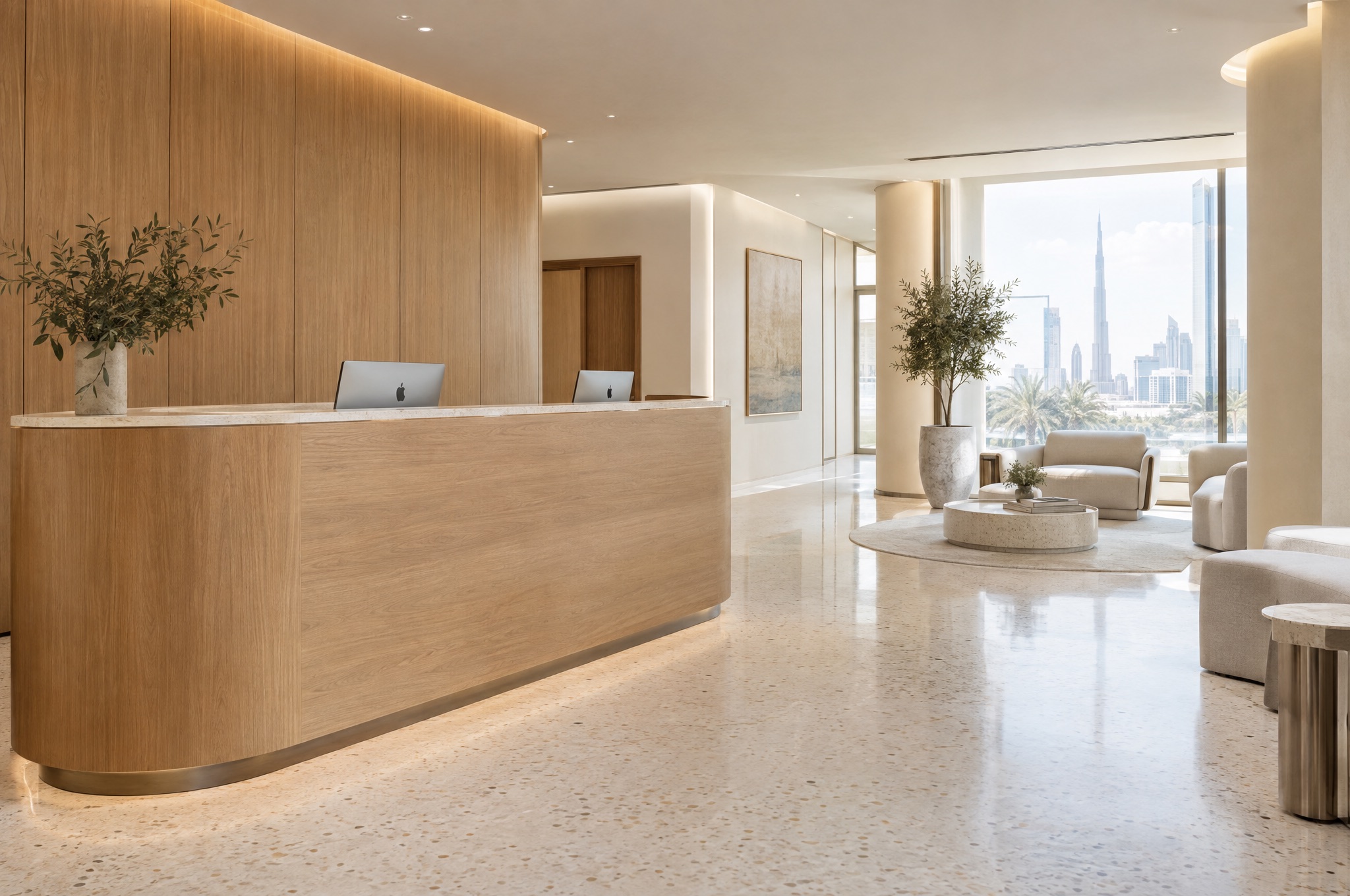 Reception desk of a modern private clinic in Dubai