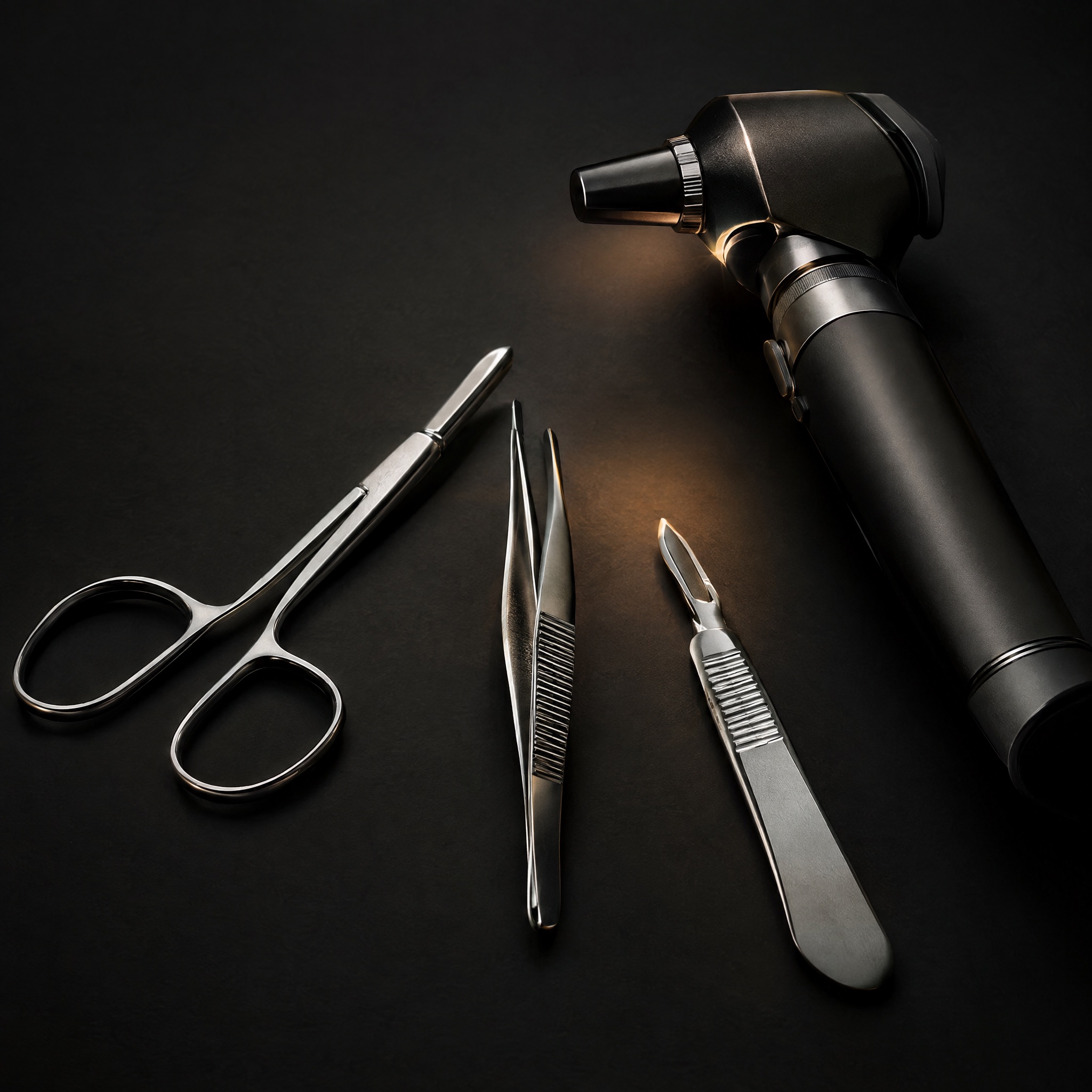 Precision medical instruments on a dark surface