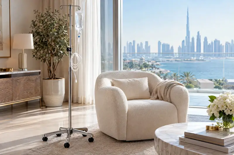 IV drip stand beside an armchair in a bright living room