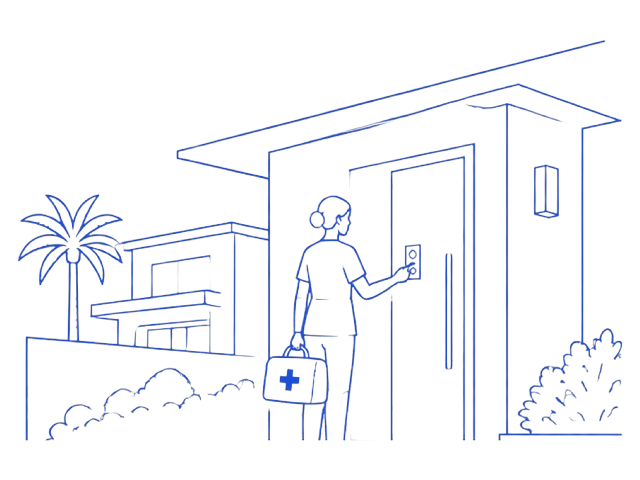 Line illustration of a home care nurse at a villa