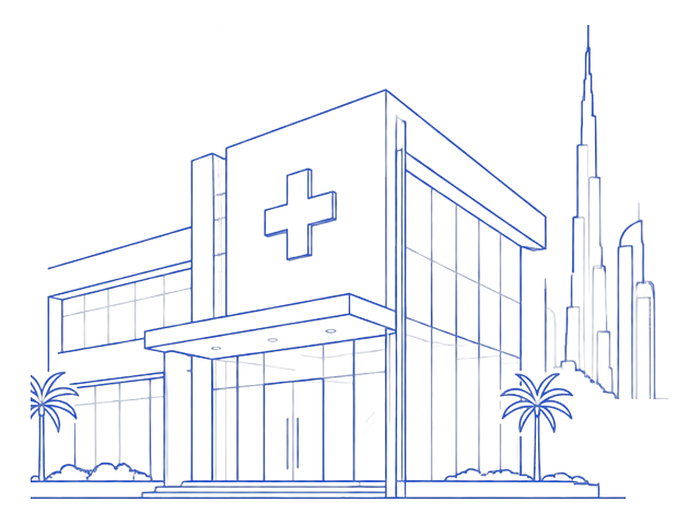 Line illustration of a hospital in Dubai