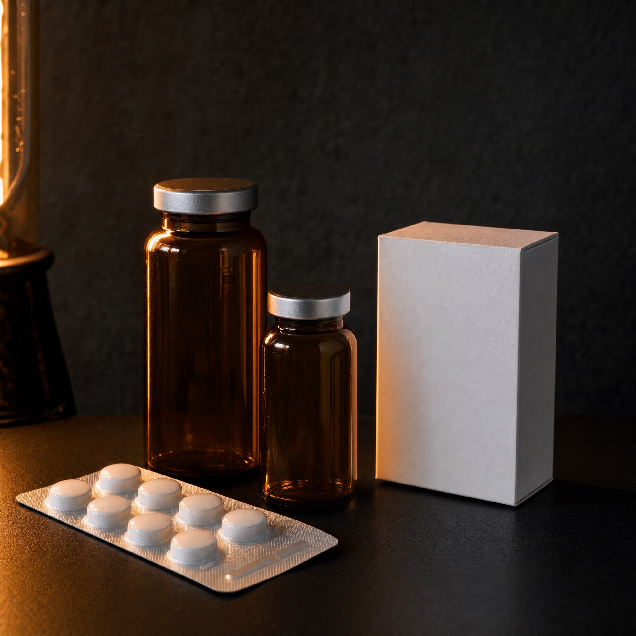 Amber pharmaceutical vials and a blister pack on a dark surface